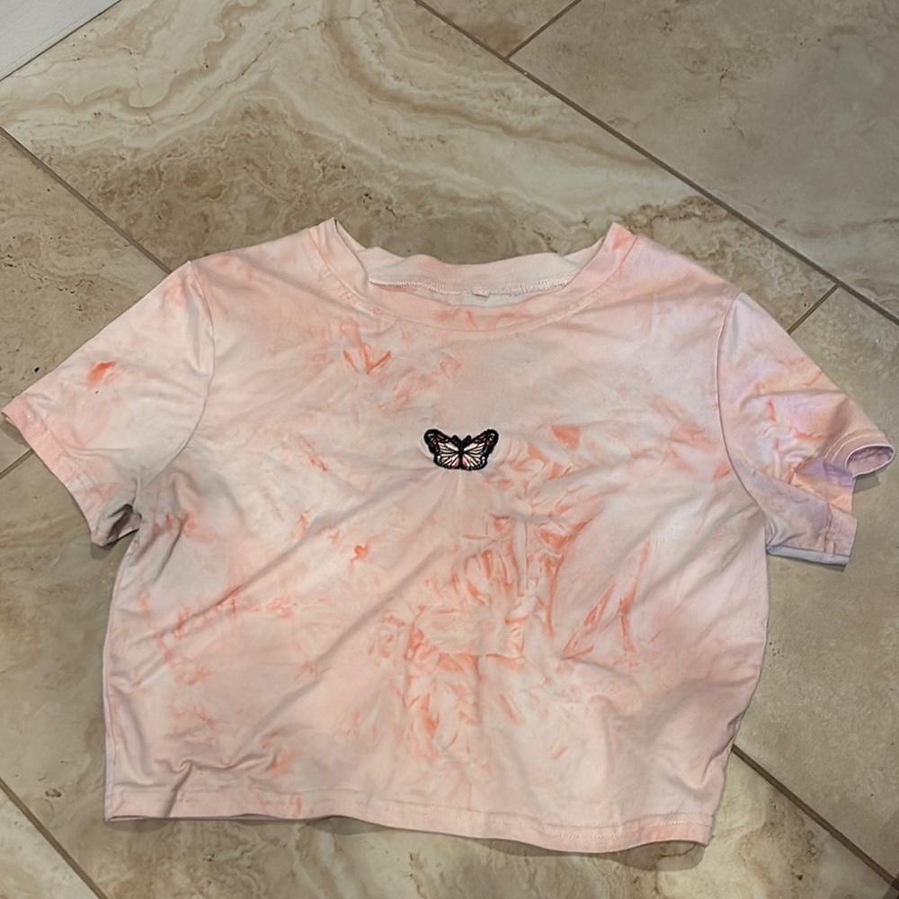 Butterfly Embroidered Pink Tie-Dye Kids T-Shirt